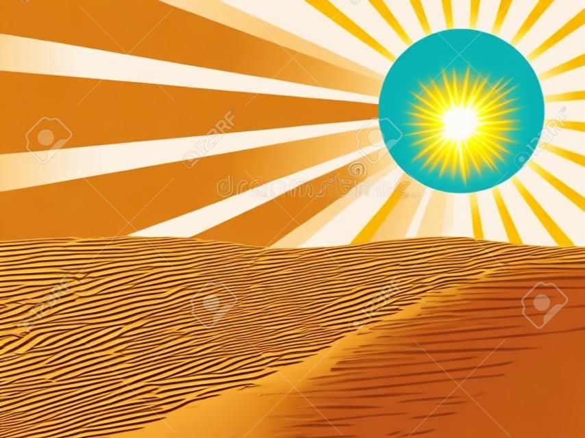 Desert landscape with sun in a minimalistic style. Sand dunes and sunbeams in the sky. Boho decor for prints, posters and interior design. Mid Century modern decor. Vector illustration