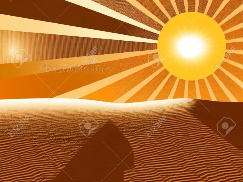 Desert landscape with sun in a minimalistic style. Sand dunes and sunbeams in the sky. Boho decor for prints, posters and interior design. Mid Century modern decor. Vector illustration
