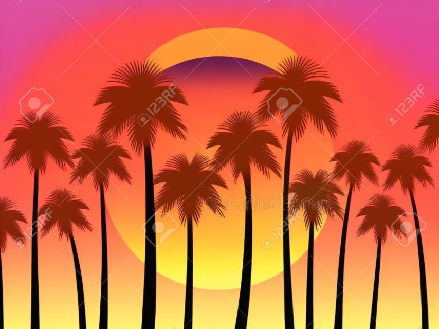 Tramonto tropicale con palme e sole sfumato in stile anni '80. design per opuscoli pubblicitari, banner, poster, agenzie di viaggio. illustrazione vettoriale