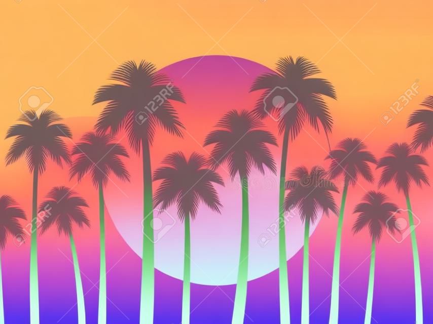 Tramonto tropicale con palme e sole sfumato in stile anni '80. design per opuscoli pubblicitari, banner, poster, agenzie di viaggio. illustrazione vettoriale