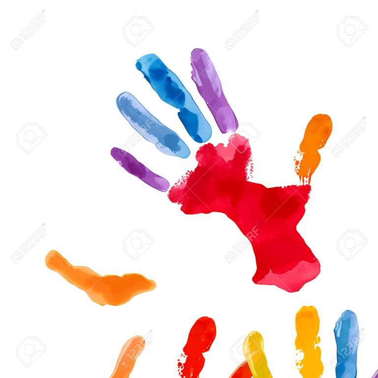 Colourful handprint paint on a white background