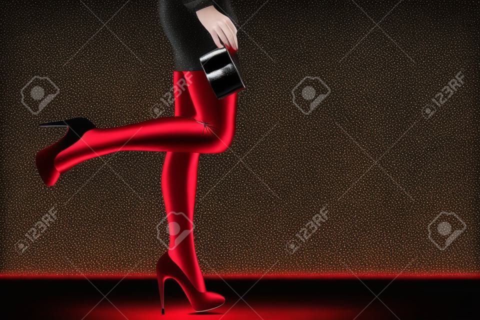 Празднование диско и концепция вечер моды. Женщина в черном короткое платье красного цвета с шипами обувь, удерживающие сумки кошелек, часть тела женские ноги на высоких каблуках на полу партии