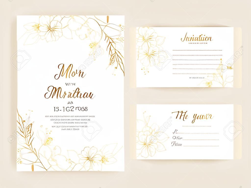 Wedding Invitation with Gold Flowers and gold geometric line design. background with geometric golden frame.