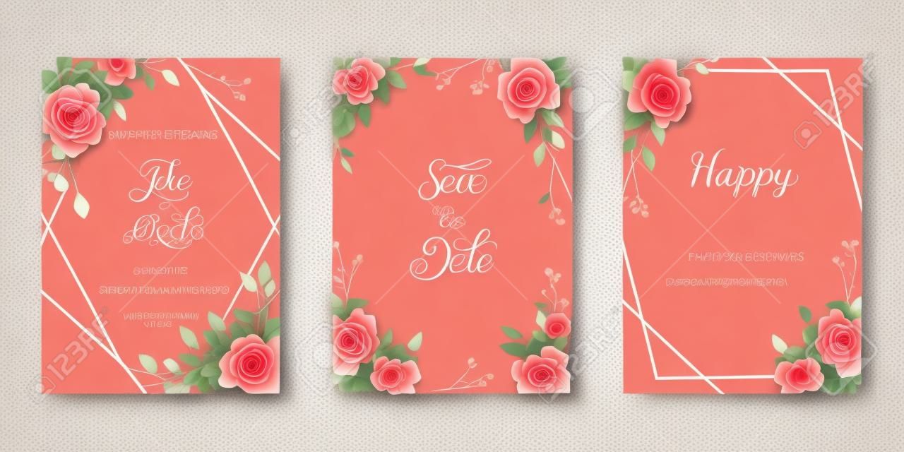 Invito a nozze set di carte con fiori rossi rosa, foglie di eucalipto. Modelli floreali alla moda per banner, volantini, poster, auguri. Illustrazione vettoriale.