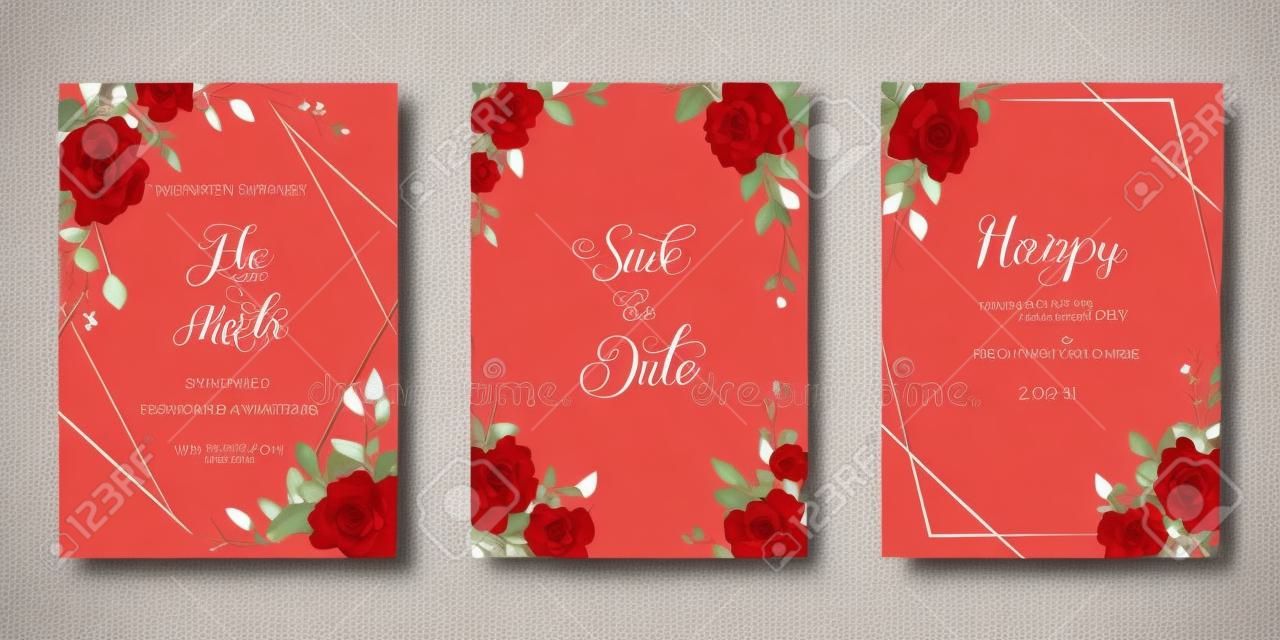 Juego de invitación de boda de tarjeta con flores rojas rosa, hojas de eucalipto. Plantillas florales de moda para banner, volante, afiche, saludo. ilustración vectorial