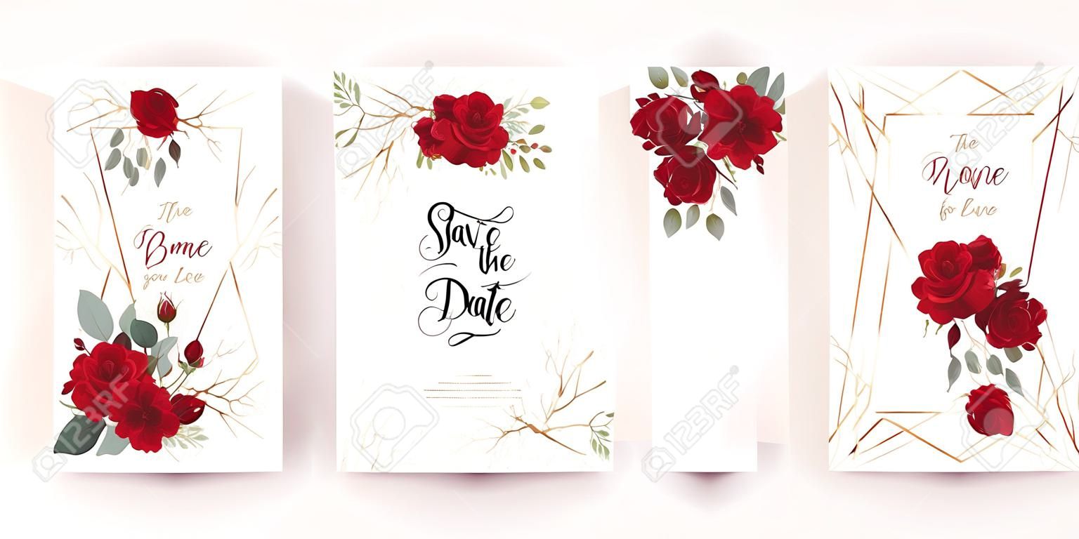 Zaproszenie na ślub zestaw kart z czerwonymi kwiatami róży, liśćmi eukaliptusa. modne szablony kwiatowe na baner, ulotkę, plakat, powitanie. ilustracja wektorowa.