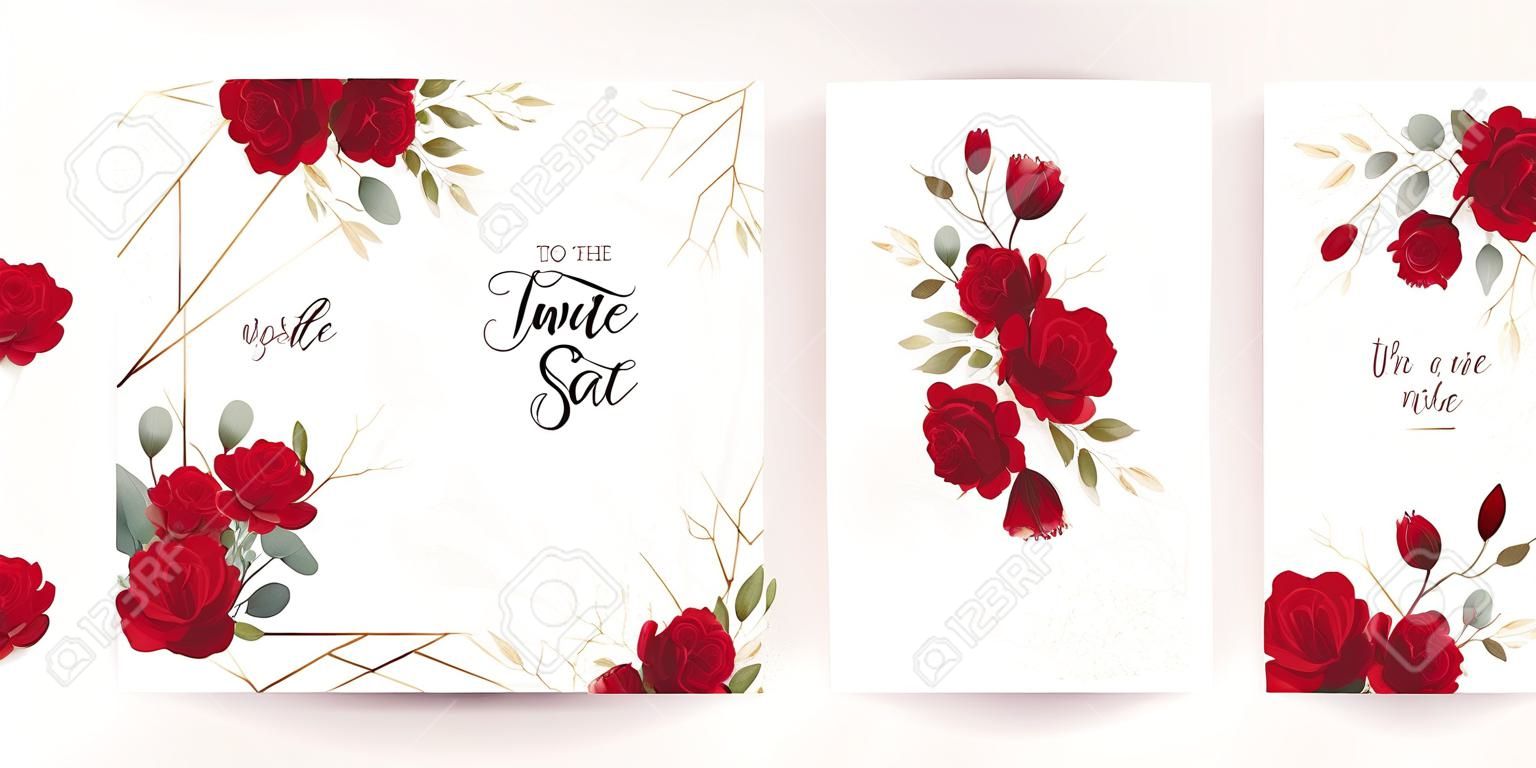 Zaproszenie na ślub zestaw kart z czerwonymi kwiatami róży, liśćmi eukaliptusa. modne szablony kwiatowe na baner, ulotkę, plakat, powitanie. ilustracja wektorowa.