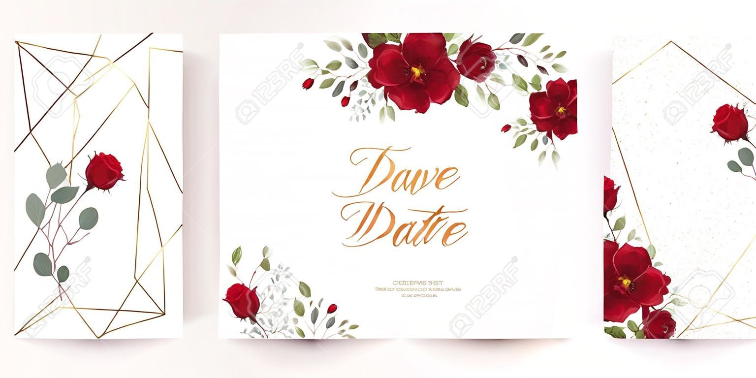 Wedding invitation set of card with red flowers rose, eucalyptus leaves. Floral Trendy templates for banner, flyer, poster, greeting. Vector illustration.