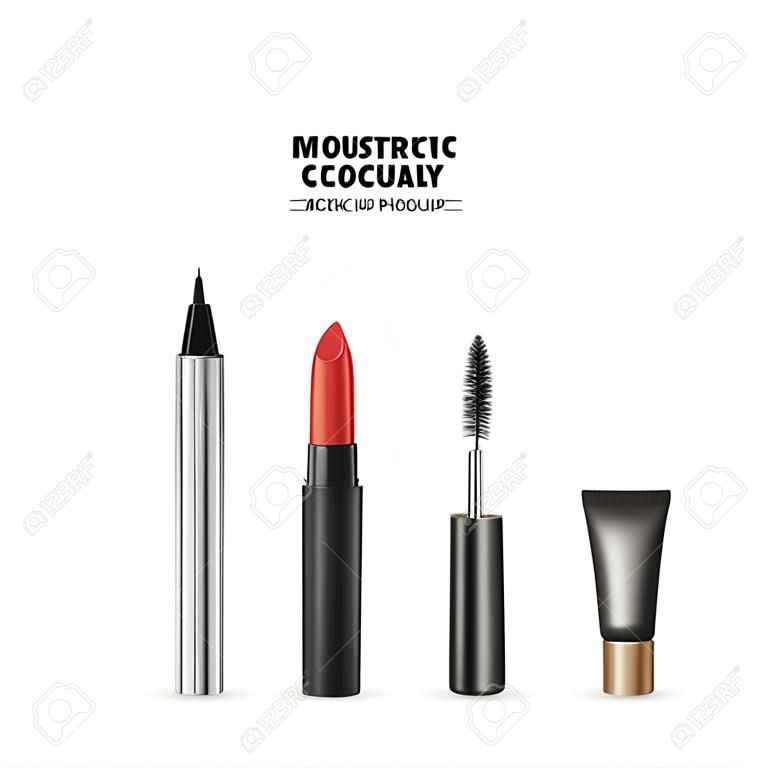 립스틱 연필, 아이라이너, 보습 영양 크림 및 흰색 Backgriund에 격리된 브러시가 있는 화장품 모형. 메이크업 세트 또는 화장품 현실적인 벡터 3d 일러스트