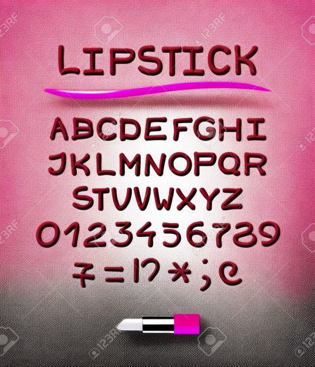 Pink glitter lipstick alphabet and numbers isolated on white background. Realistic vector 3d illustration of lipstick tube and red lip stick brush font