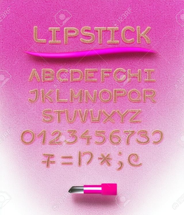 핑크 반짝이 립스틱 알파벳과 흰색 배경에 고립 된 숫자. 립스틱 튜브와 빨간 립스틱 브러시 글꼴의 현실적인 벡터 3d 그림