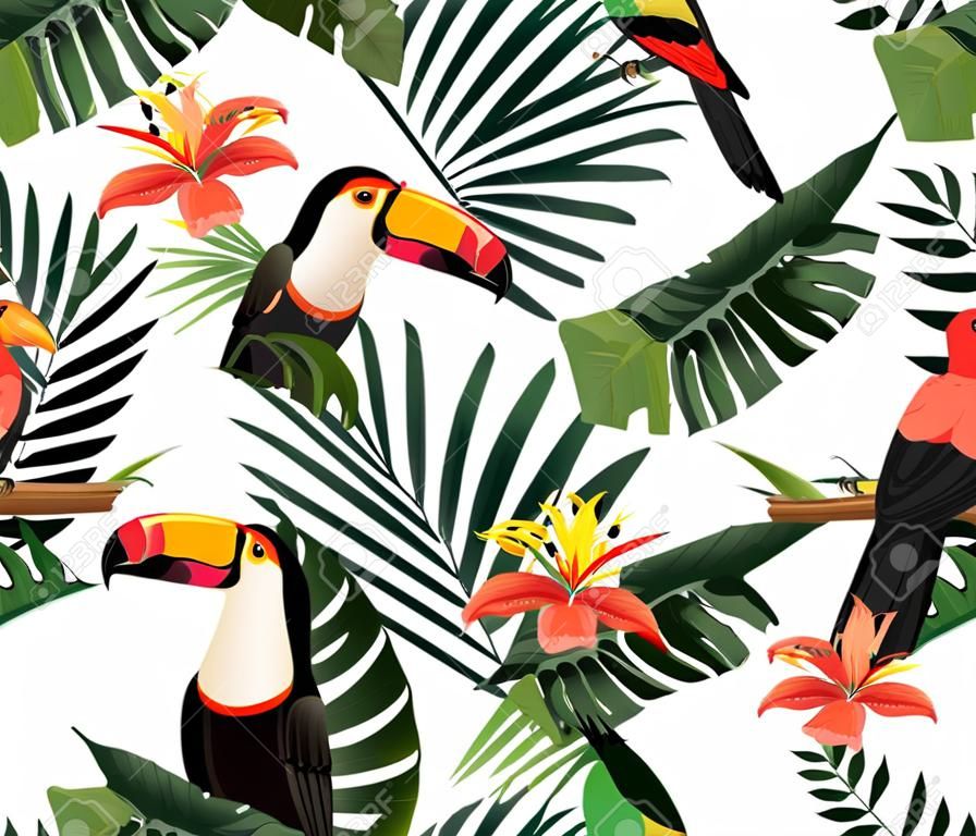 Tropische vogels en palm bladeren naadloze achtergrond. Vector.