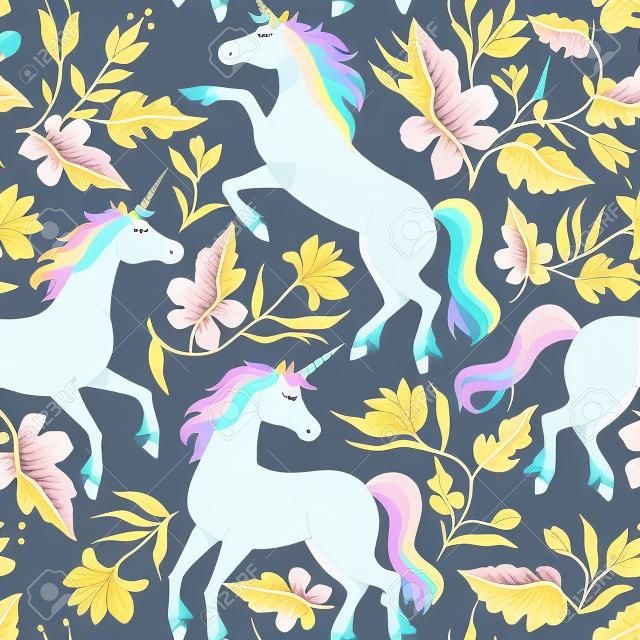 Hand drawn vintage Unicorn in magic forest seamless pattern. Vector illustration.