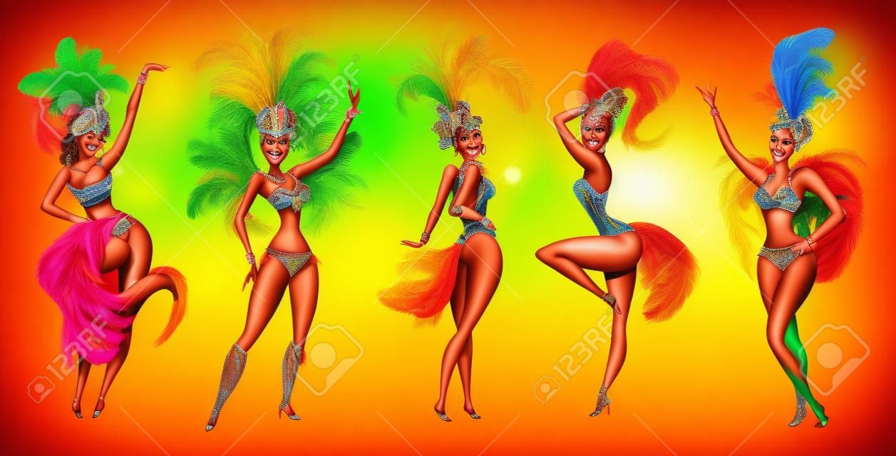Conjunto de dançarinos de samba brasileiros Vector carnaval no Rio de Janeiro meninas vestindo um traje de festival está dançando.