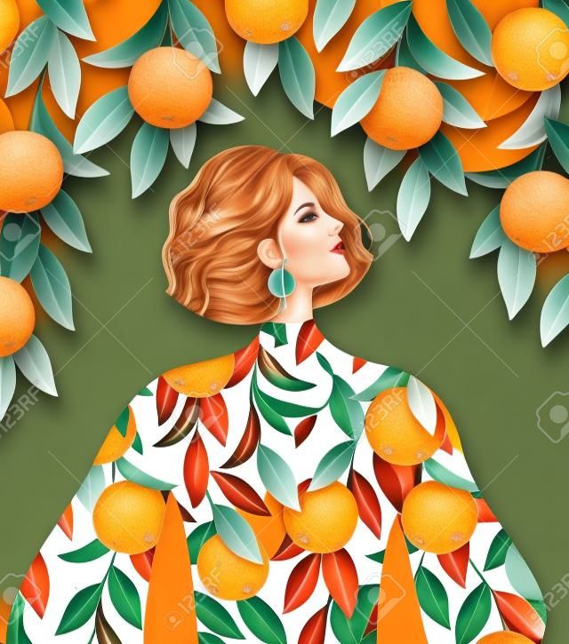 Schönes Mädchen in einem Kleid mit Orangenmusterdruck und Orangenbaumhintergrund.