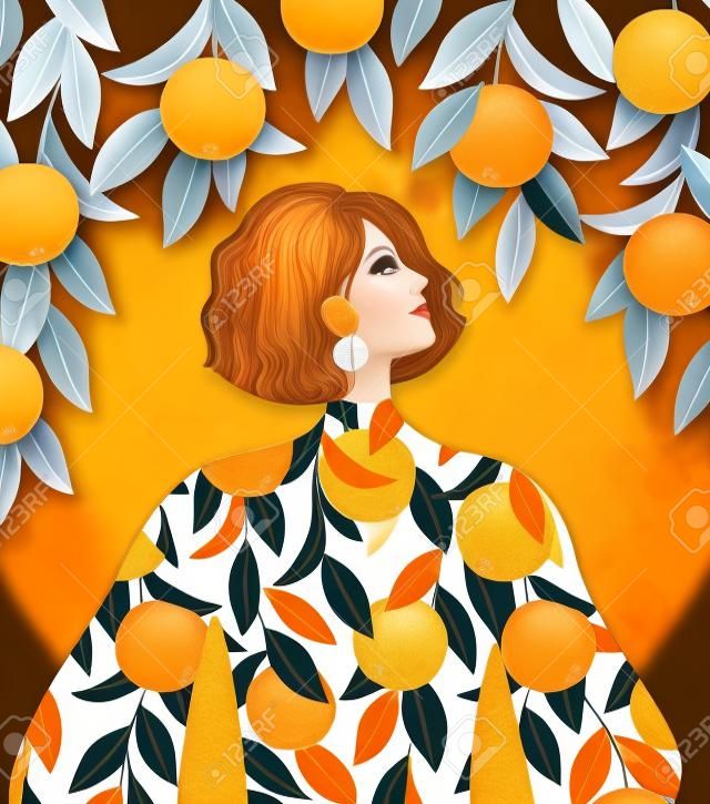 Belle fille vêtue d'une robe avec un motif d'oranges et un fond d'oranger.