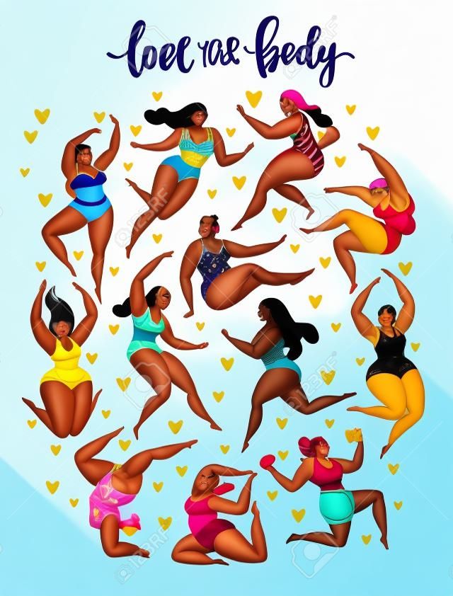 Multiraciale vrouwen van verschillende lengte, figuur type en grootte gekleed in zwempakken staan op rij. Vrouwelijke cartoon karakters. Lichaam positieve beweging en schoonheid diversiteit.