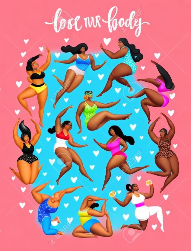 Donne multirazziali di diversa altezza, tipo di figura e taglia vestite in costume da bagno in piedi in fila. Personaggi dei cartoni animati femminili. Movimento positivo del corpo e diversità di bellezza.