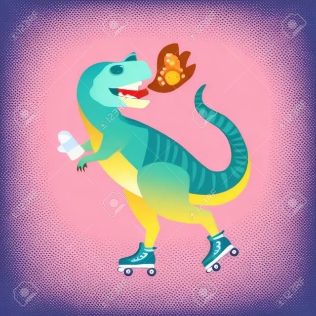 Dinosaure sur patins à roulettes avec de la crème glacée. Rugir. Illustration vectorielle.
