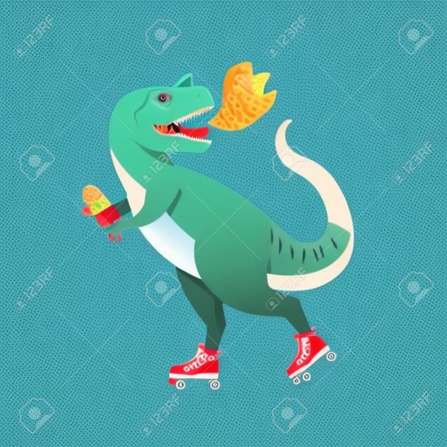 Dinosaur on roller skates with ice cream. Roar. Vector illustration.