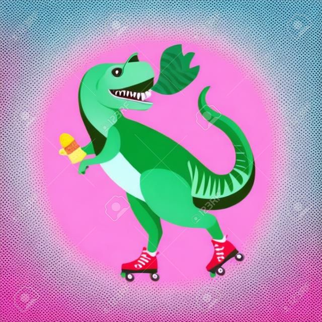 Dinosaurio en patines con helado. Rugido. Ilustración vectorial.