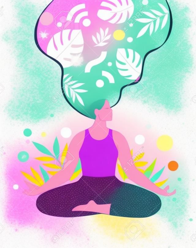 Mindfulness, meditazione e sfondo yoga in colori pastello vintage con donne sedute con le gambe incrociate e meditano. illustrazione vettoriale.