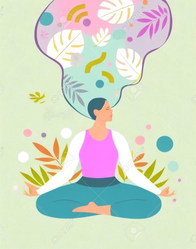 Mindfulness, meditazione e sfondo yoga in colori pastello vintage con donne sedute con le gambe incrociate e meditano. illustrazione vettoriale.