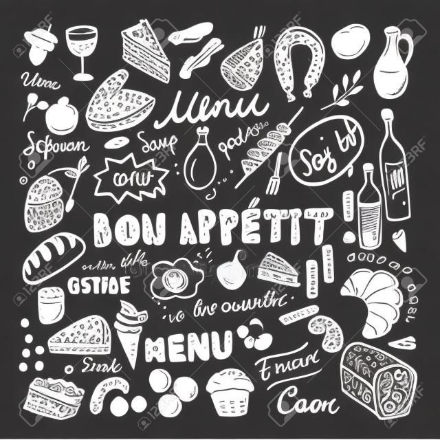 Restauracja Doodle zestaw. Ręcznie rysowane ilustracji wektorowych. Rysowanie kredą. Kolekcja Bon Appetit Food