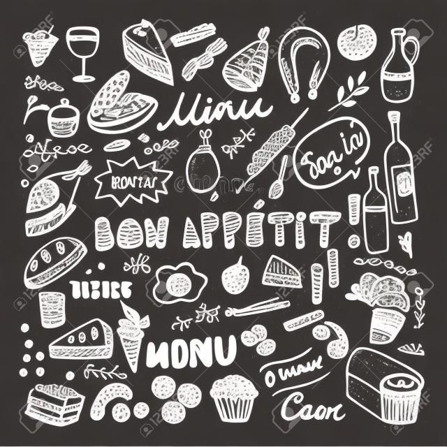 Restaurant Doodle Set. Hand Drawn Vector Illustration. Chalk Drawing. Bon Appetit Food Collection