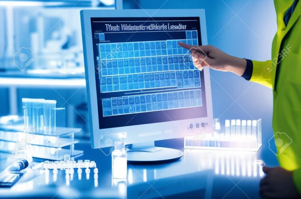 Laboratorio con un ricercatore con tavola periodica sullo schermo del computer di lavoro scientifico nel laboratorio e toccando uno schermo con la tavola periodica