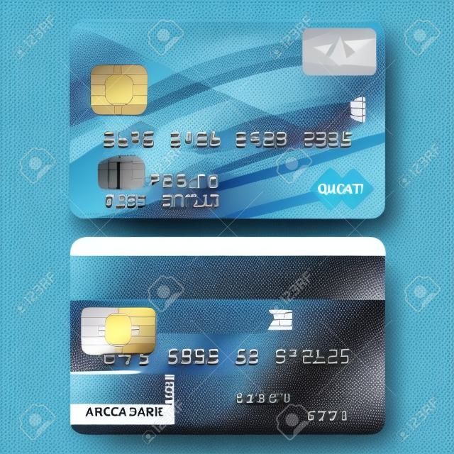 Realistic detailed credit card. Front and back side. Vector illustration of a bank card on a transparent background.