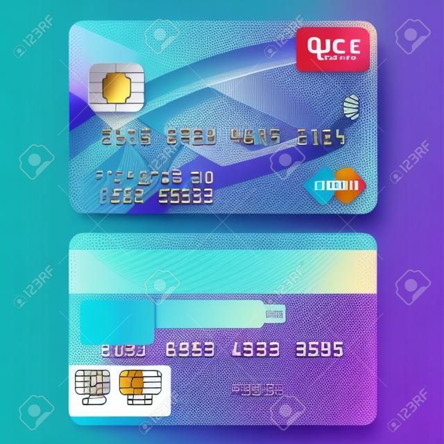 Realistic detailed credit card. Front and back side. Vector illustration of a bank card on a transparent background.