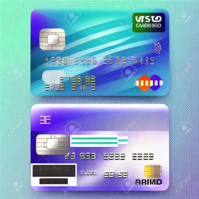 Cartão de crédito detalhado realista. Frente e verso. Ilustração vetorial de um cartão bancário em um fundo transparente.