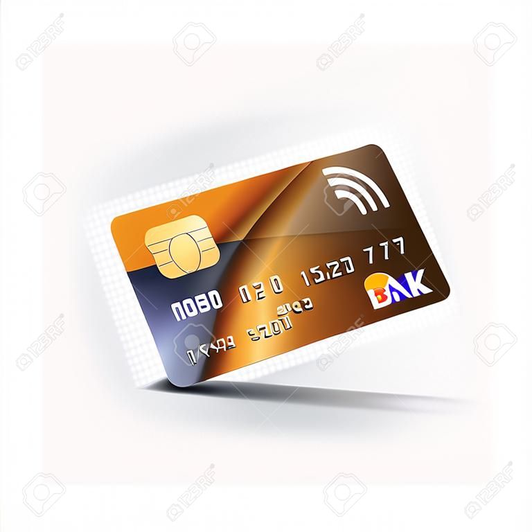 Reális részletes hitelkártya. Elülső oldal. Vektoros illusztráció egy bankkártya átlátszó háttérrel.