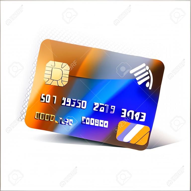 Reális részletes hitelkártya. Elülső oldal. Vektoros illusztráció egy bankkártya átlátszó háttérrel.
