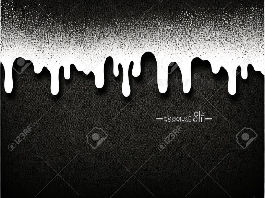 Milk background. White flowing paint splashes on black background. Vector illustration.