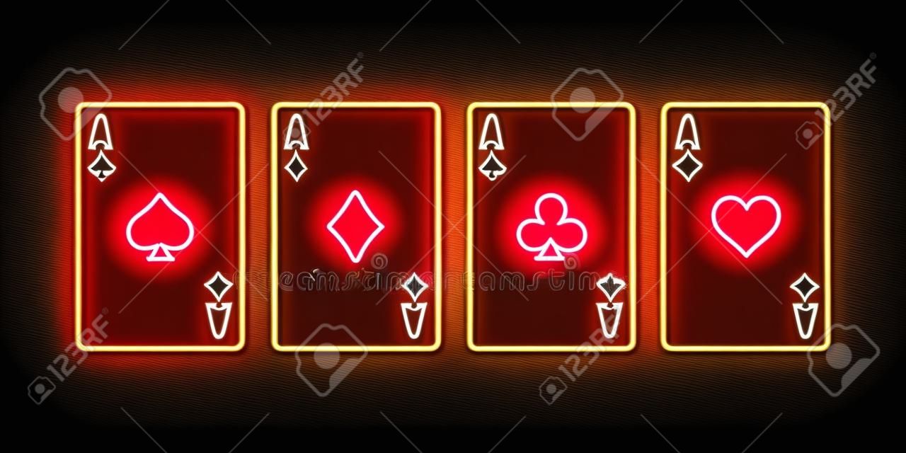 Neon sign of playing aces cards on the black background. Concept of poker, casino and gambling. Vector illustration.