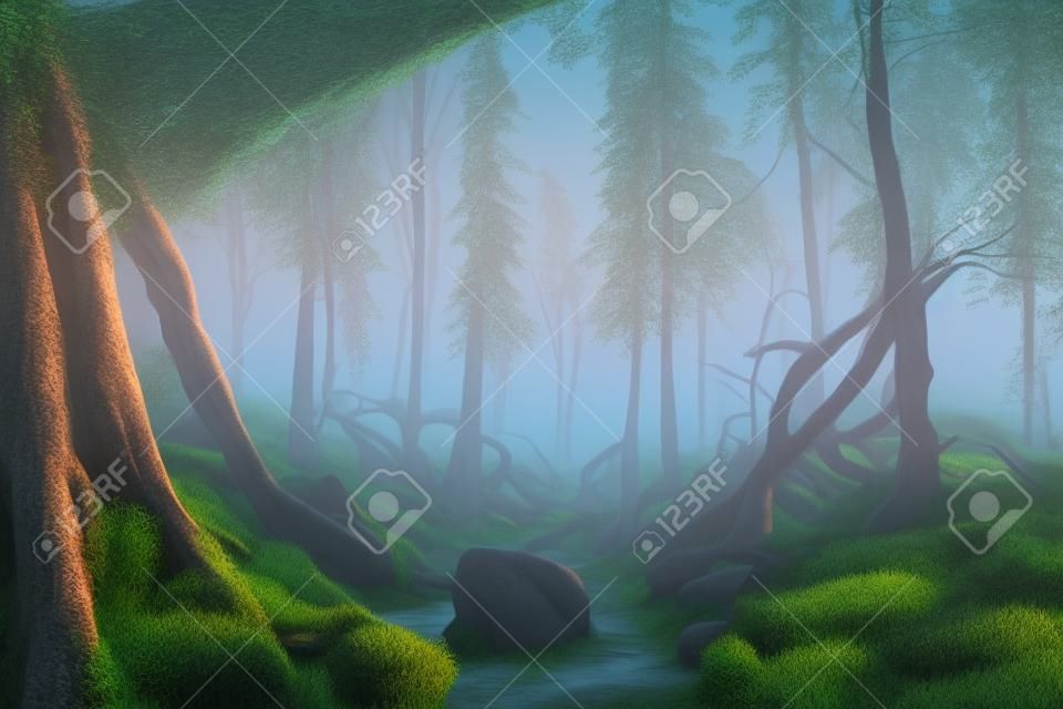 Path in mysterious forest, mystical landscape at dawn sunset. Twisted trees in the highlands, moss. 3d illustration