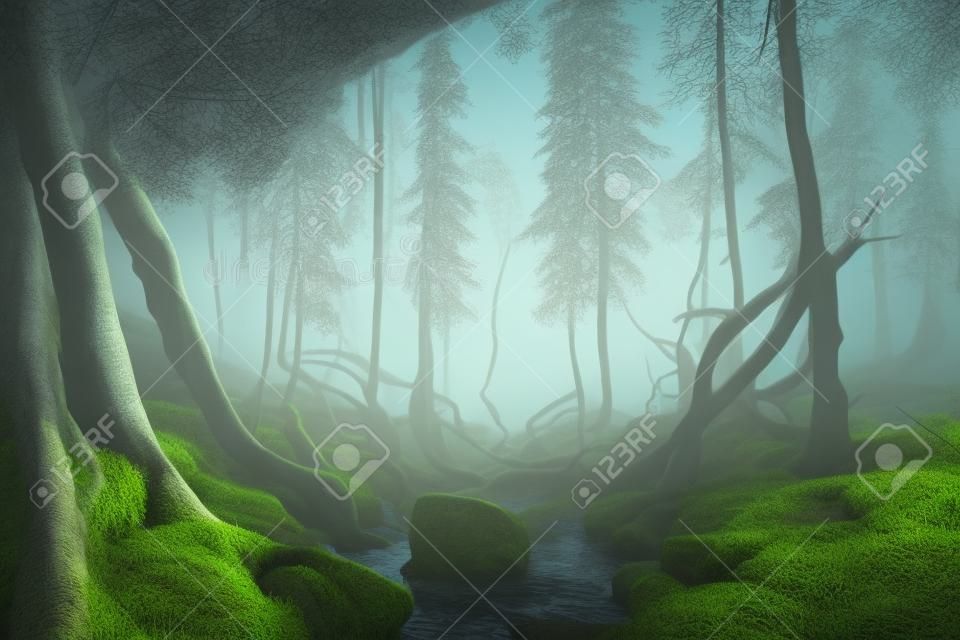 Path in mysterious forest, mystical landscape at dawn sunset. Twisted trees in the highlands, moss. 3d illustration