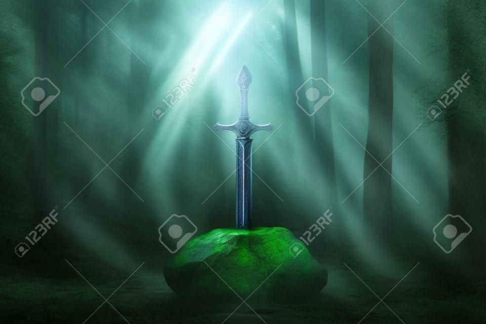 Sword King Arthur Excalibur in a stone in the forest, a ray of light reflected on the sword, fantasy
