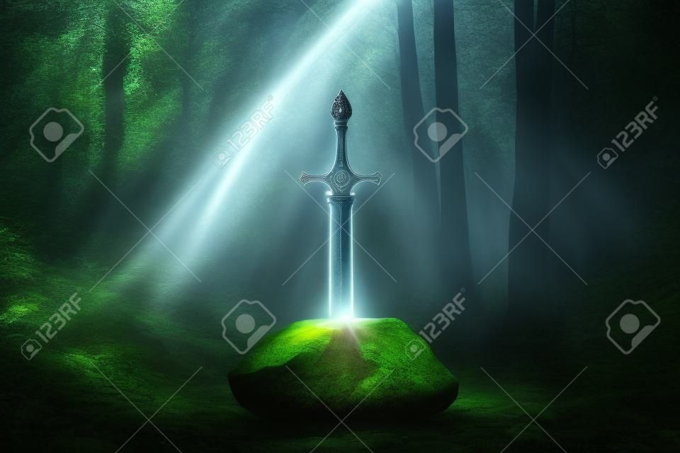 Sword King Arthur Excalibur in a stone in the forest, a ray of light reflected on the sword, fantasy