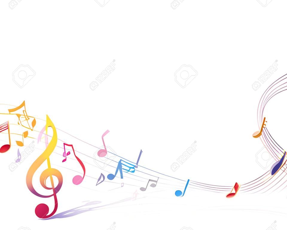 Multicolor musical note staff background. 