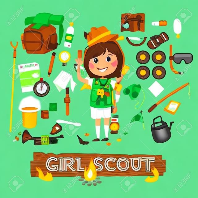 fille caractère scout avec le matériel de camping. le camping concept - illustration vectorielle