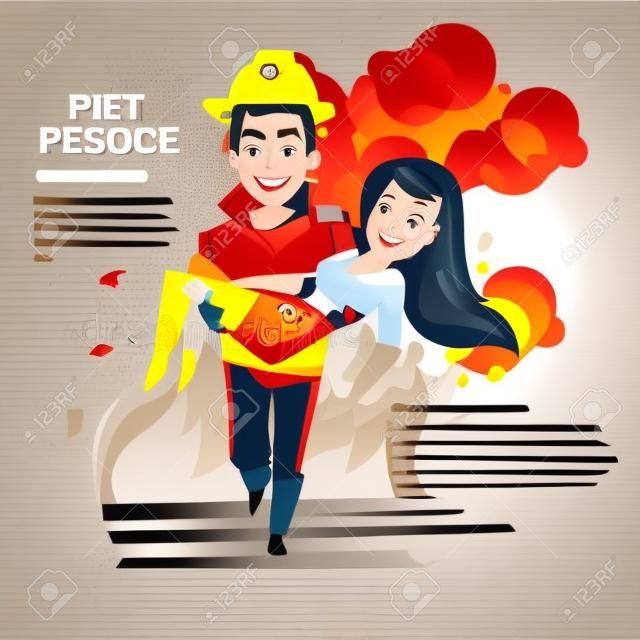 fireman carrying beautiful girl on fire background . recue concept - vector illustration