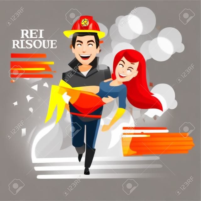 火の背景に美しい女の子を運ぶ消防士.レキューコンセプト - ベクトルイラストレーション