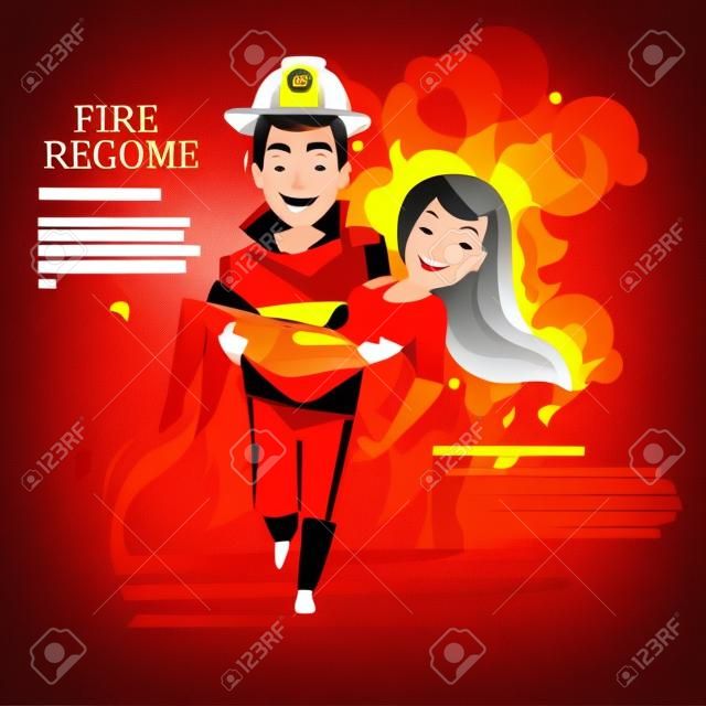 火の背景に美しい女の子を運ぶ消防士.レキューコンセプト - ベクトルイラストレーション