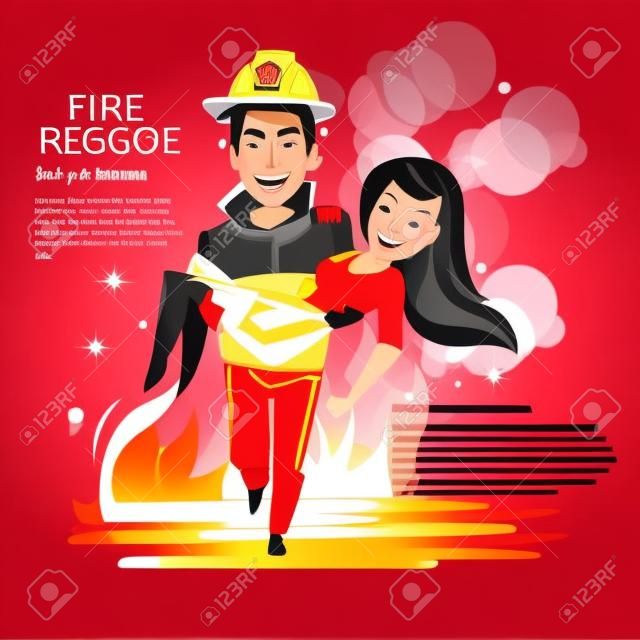 пожарный с красивой девушкой в ​​огне фоне. концепция возврата - векторные иллюстрации