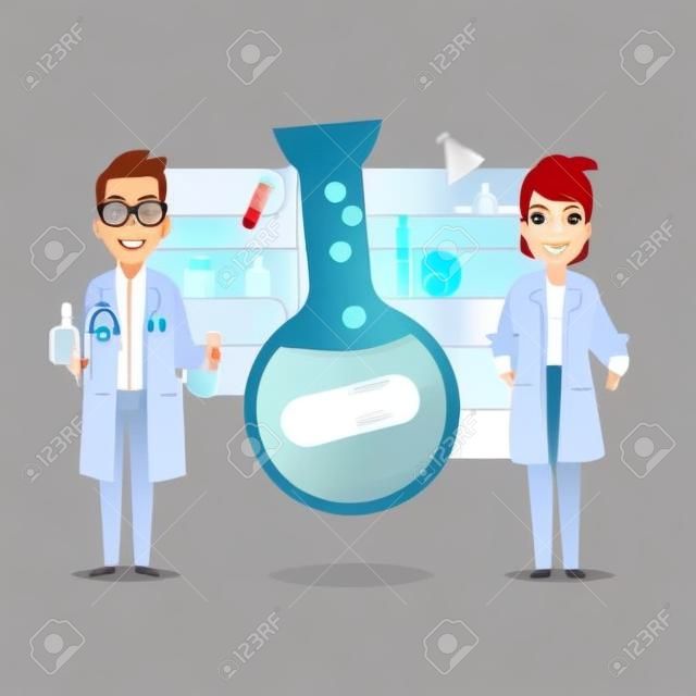 medical laboratory scientist. character design with medicine capsule in chemical test tubes - vector illustration