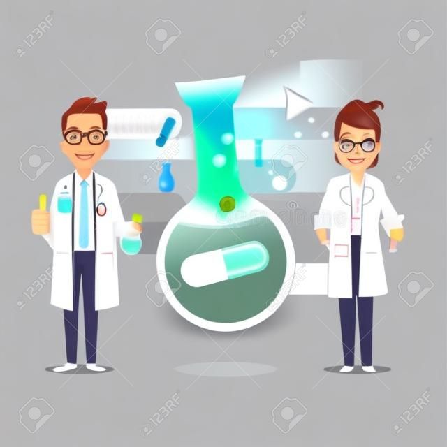 medical laboratory scientist. character design with medicine capsule in chemical test tubes - vector illustration