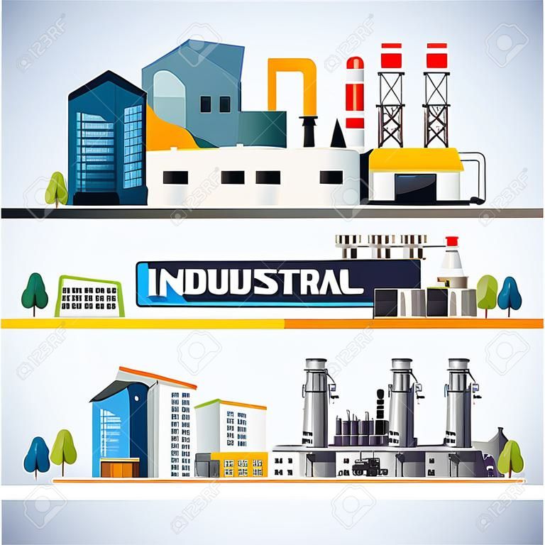 grattacielo di proprietà industriale con set di fabbrica, magazzino, centrale elettrica e costruzione. tipografica per il design dell'intestazione - illustrazione vettoriale